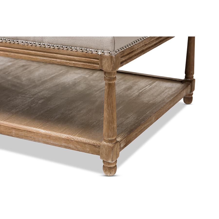 Country Weathered Oak Beige Linen Rectangular Coffee Table Ottoman. Picture 5