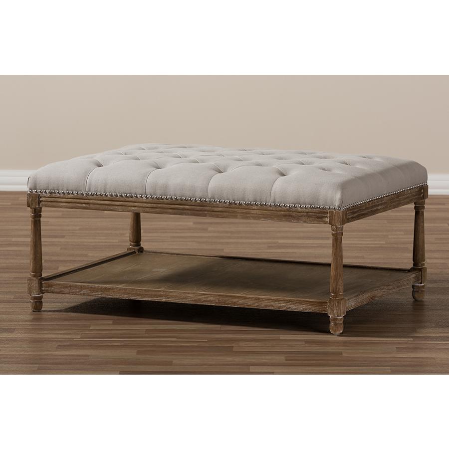 Country Weathered Oak Beige Linen Rectangular Coffee Table Ottoman. Picture 7