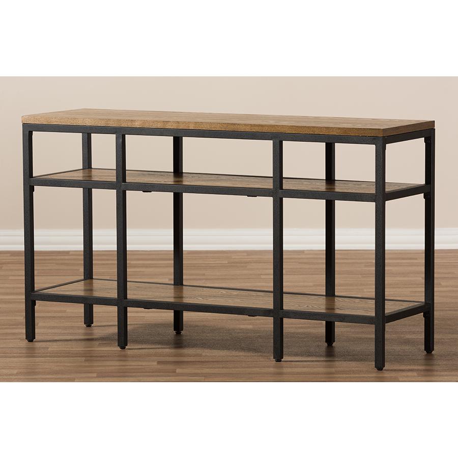 Oak Brown Finished Wood Black Finished Metal Console Table. Picture 8