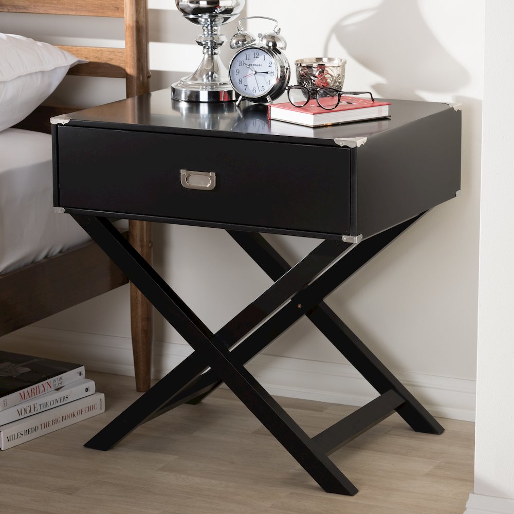 Curtice Black 1-Drawer Wooden Bedside Table. Picture 6
