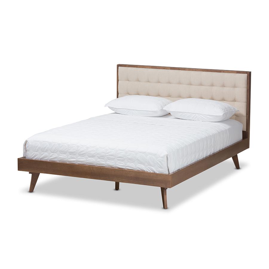 Soloman Mid-Century Modern Light Beige Fabric and Walnut Brown Finished Wood King Size Platform Bed. Picture 1