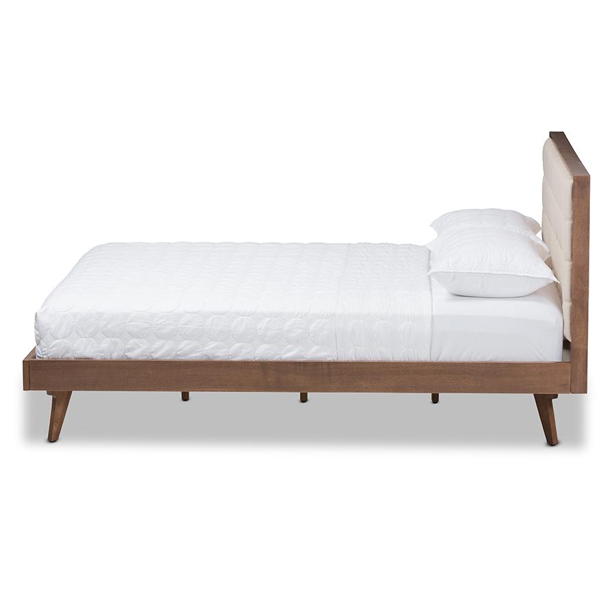 Soloman Mid-Century Modern Light Beige Fabric and Walnut Brown Finished Wood King Size Platform Bed. Picture 3