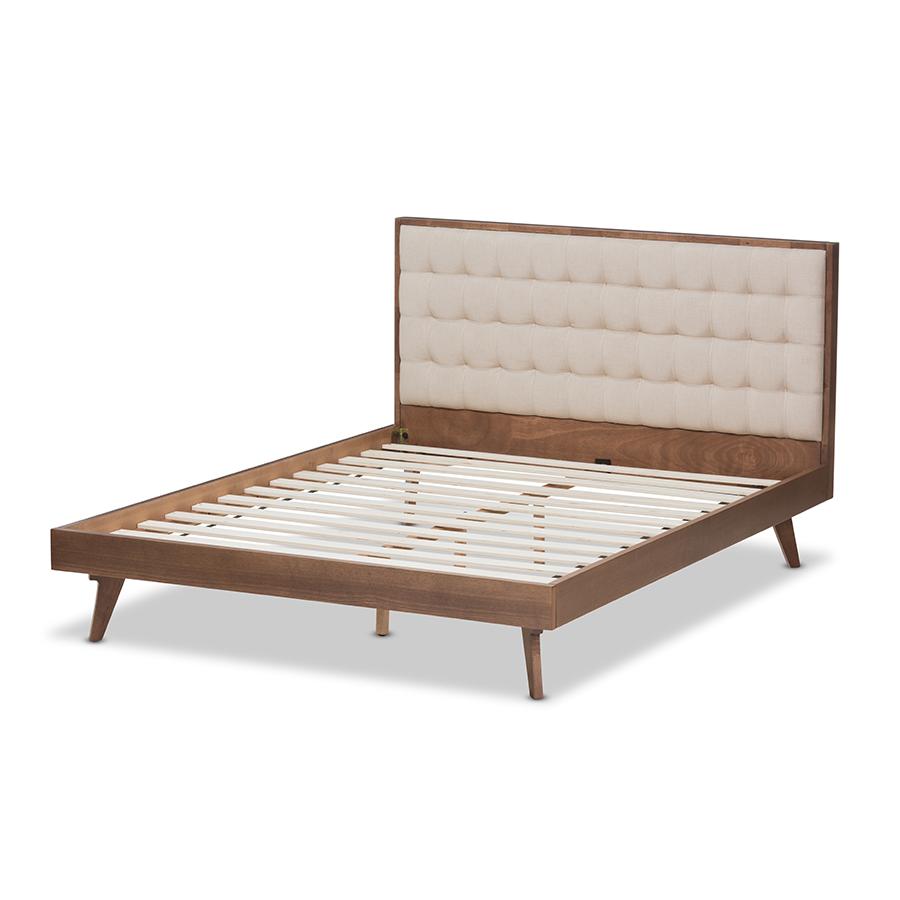 Soloman Mid-Century Modern Light Beige Fabric and Walnut Brown Finished Wood King Size Platform Bed. Picture 4