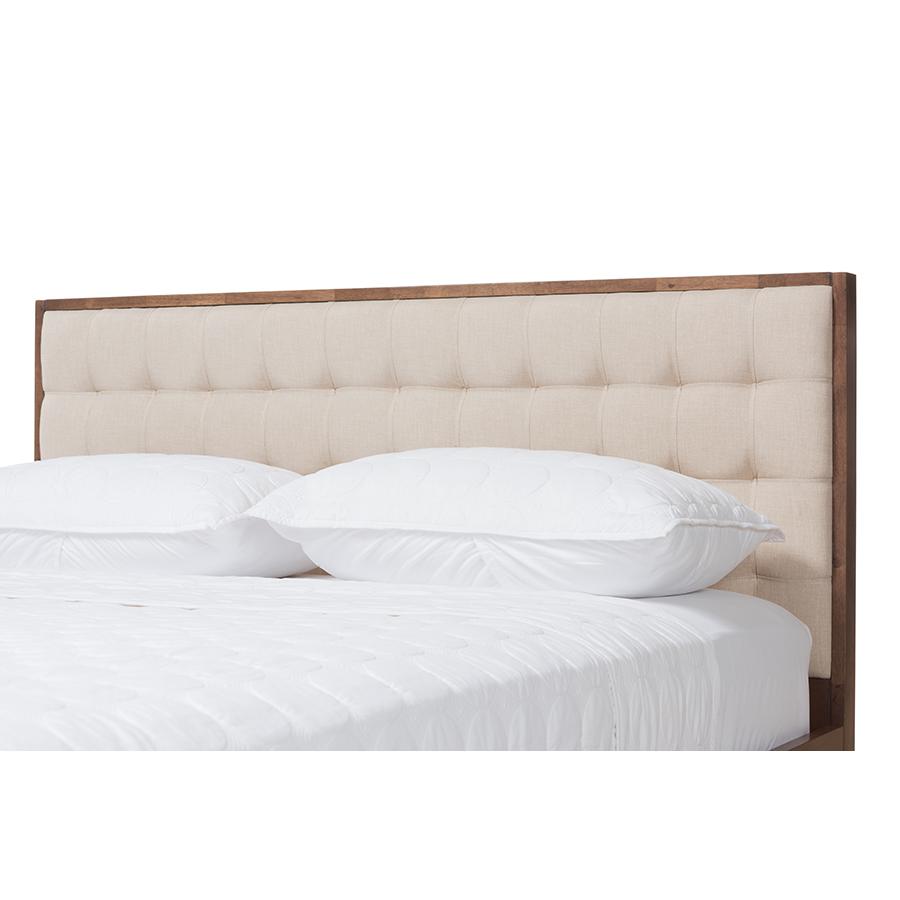 Soloman Mid-Century Modern Light Beige Fabric and Walnut Brown Finished Wood Full Size Platform Bed. Picture 6