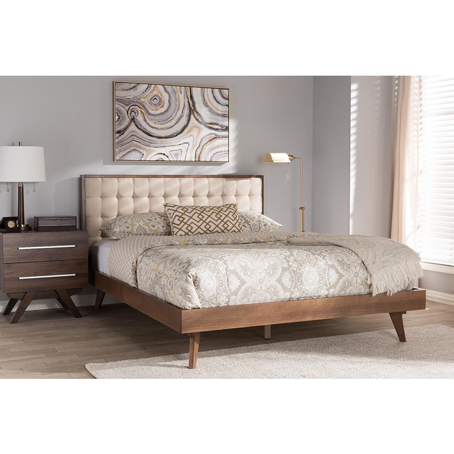 Soloman Mid-Century Modern Light Beige Fabric and Walnut Brown Finished Wood King Size Platform Bed. Picture 2