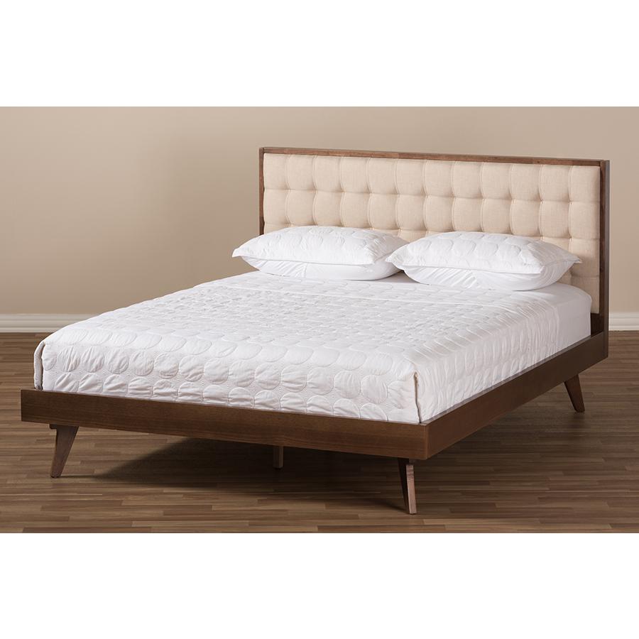 Soloman Mid-Century Modern Light Beige Fabric and Walnut Brown Finished Wood Full Size Platform Bed. Picture 9