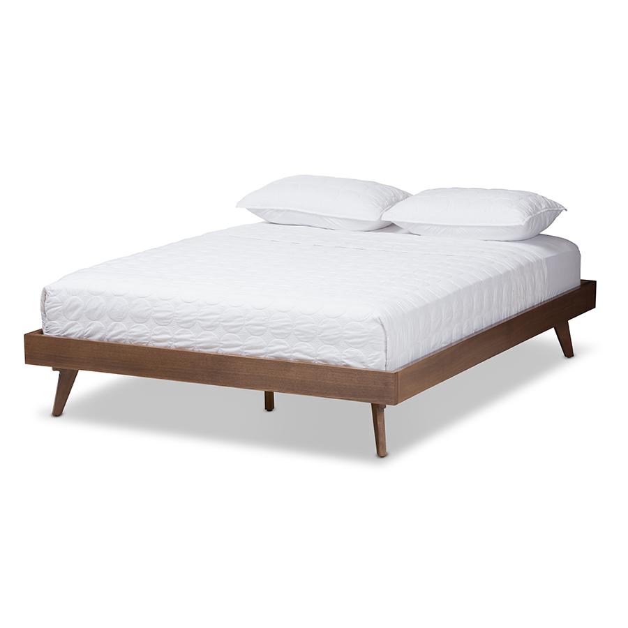 Jacob Mid-Century Modern Walnut Brown Finished Solid Wood Queen Size Bed Frame. Picture 1