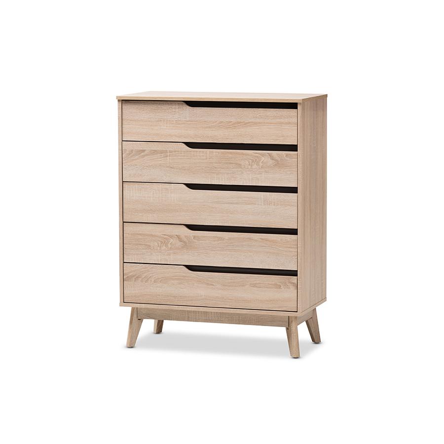 Baxton Studio Fella Mid-Century Modern Two-Tone Oak and Grey Wood 5-Drawer Chest. Picture 1