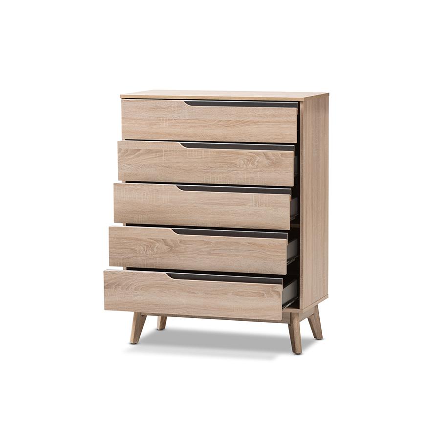 Baxton Studio Fella Mid-Century Modern Two-Tone Oak and Grey Wood 5-Drawer Chest. Picture 2