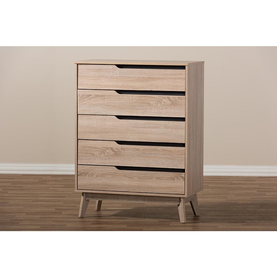 Baxton Studio Fella Mid-Century Modern Two-Tone Oak and Grey Wood 5-Drawer Chest. Picture 6