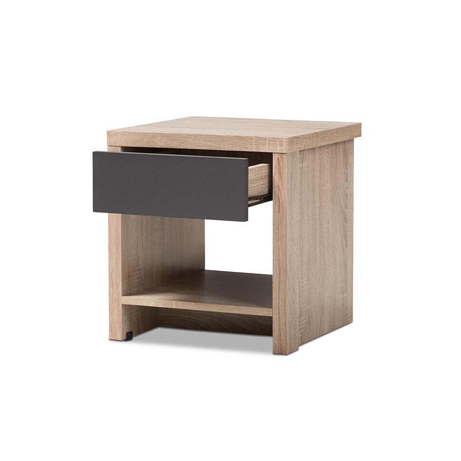 Jamie Modern and Contemporary Two-Tone Oak and Grey Wood 1-Drawer 1-Shelf Nightstand. Picture 2