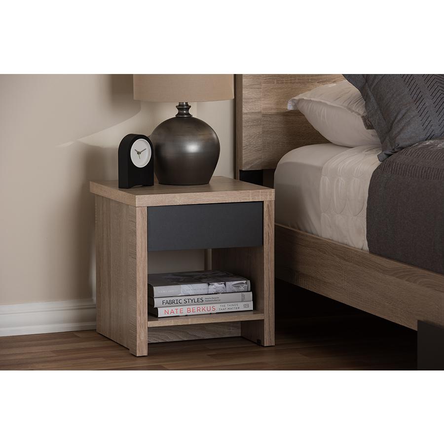 Jamie Modern and Contemporary Two-Tone Oak and Grey Wood 1-Drawer 1-Shelf Nightstand. Picture 6
