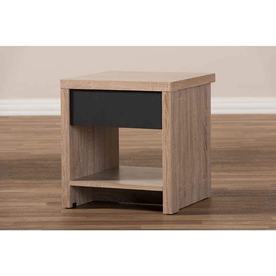 Two-Tone Oak and Grey Wood 1-Drawer 1-Shelf Nightstand. Picture 7