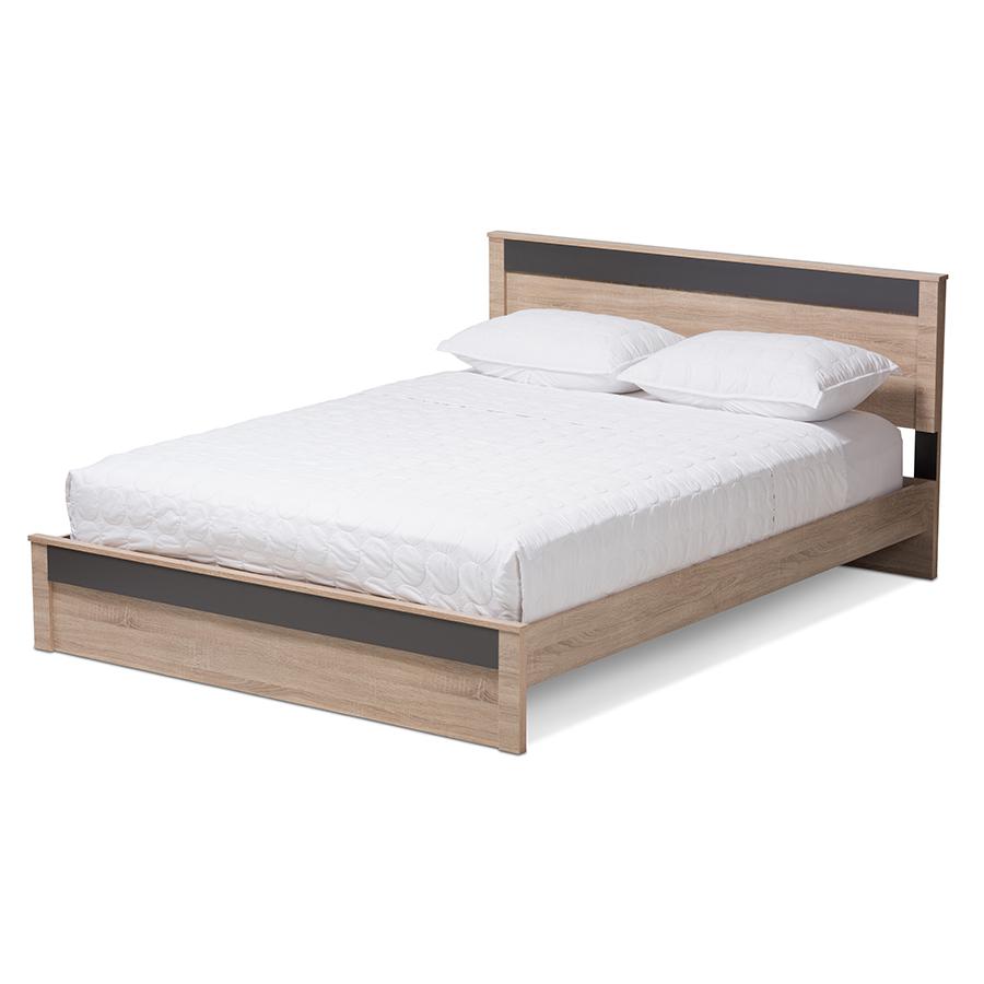 Jamie Modern and Contemporary Two-Tone Oak and Grey Wood Queen Size Platform Bed. Picture 1