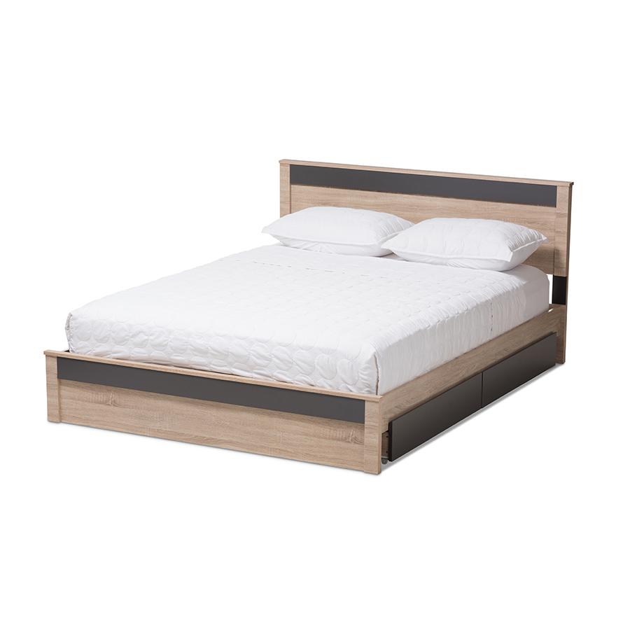 Jamie Modern and Contemporary Two-Tone Oak and Grey Wood Queen 2-Drawer Queen Size Storage Platform Bed. Picture 1
