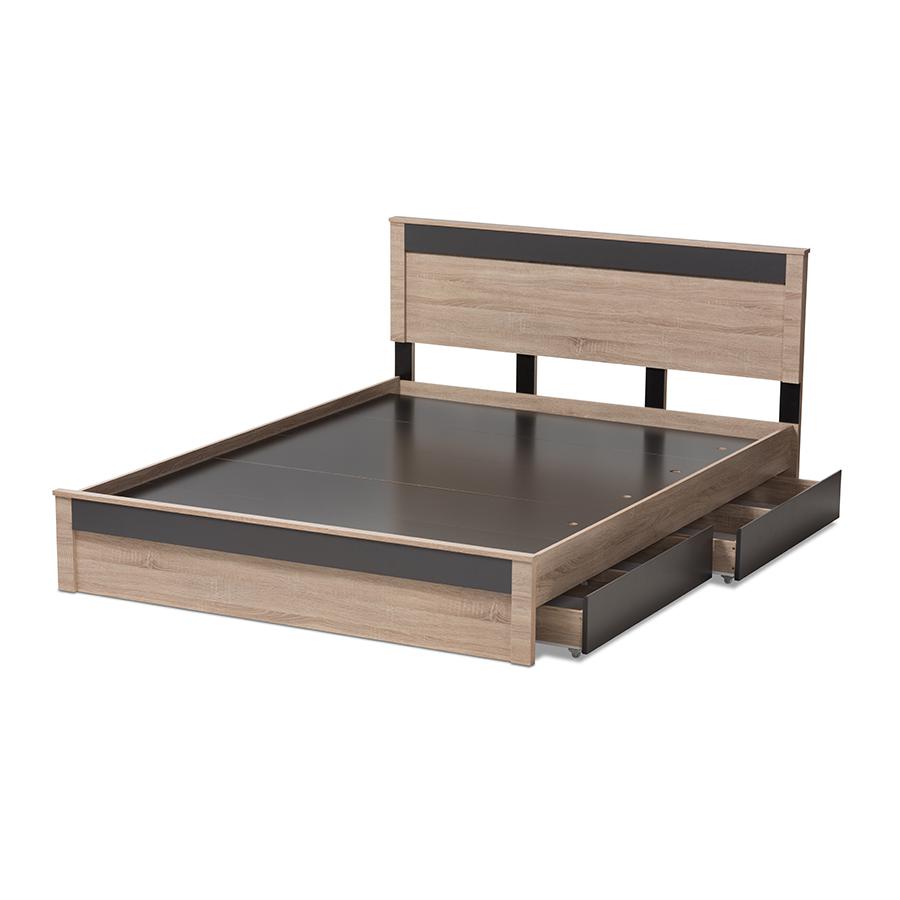 Jamie Modern and Contemporary Two-Tone Oak and Grey Wood Queen 2-Drawer Queen Size Storage Platform Bed. Picture 5
