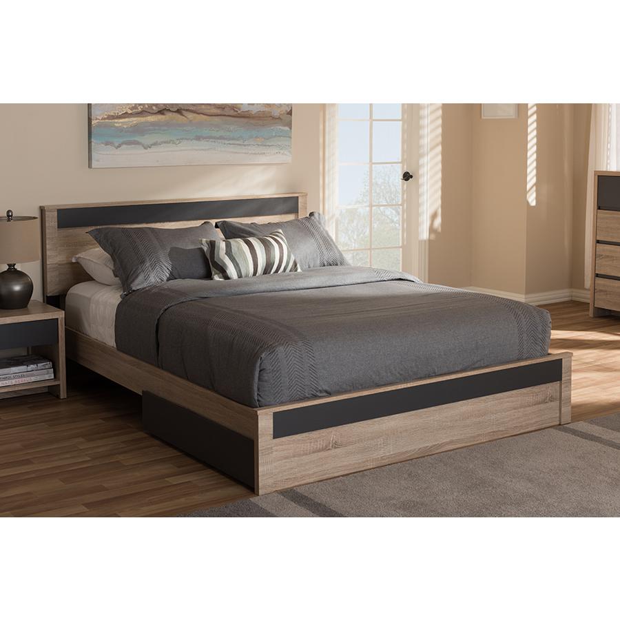 Two-Tone Oak and Grey Wood Queen 2-Drawer Queen Size Storage Platform Bed. Picture 7