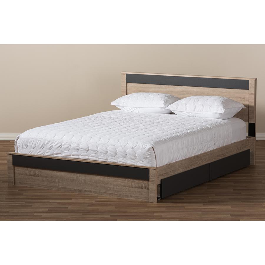 Two-Tone Oak and Grey Wood Queen 2-Drawer Queen Size Storage Platform Bed. Picture 9
