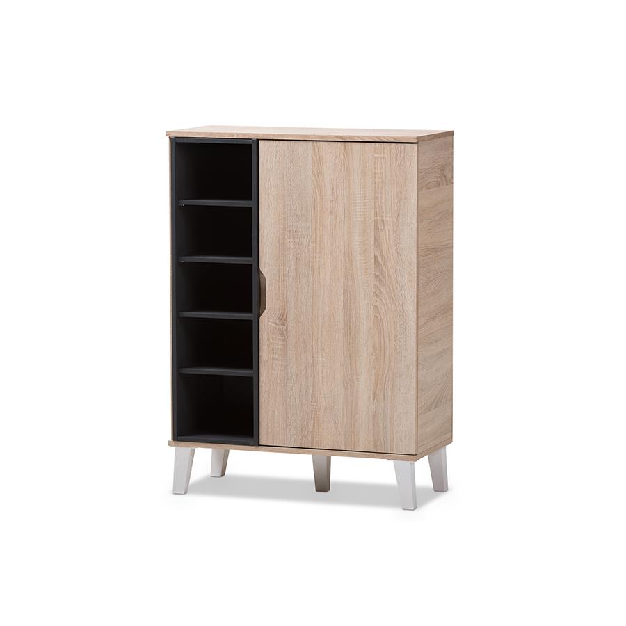 Adelina Mid-Century Modern 1-door Oak and Grey Wood Shoe Cabinet. The main picture.