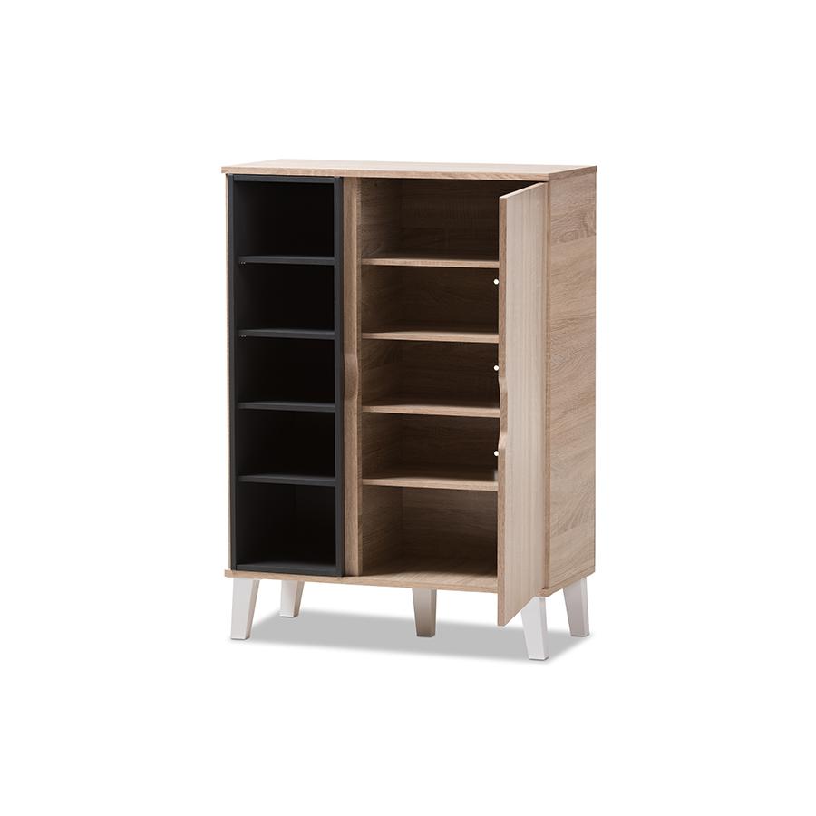Adelina Mid-Century Modern 1-door Oak and Grey Wood Shoe Cabinet. Picture 2