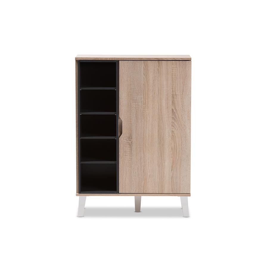 Adelina Mid-Century Modern 1-door Oak and Grey Wood Shoe Cabinet. Picture 3