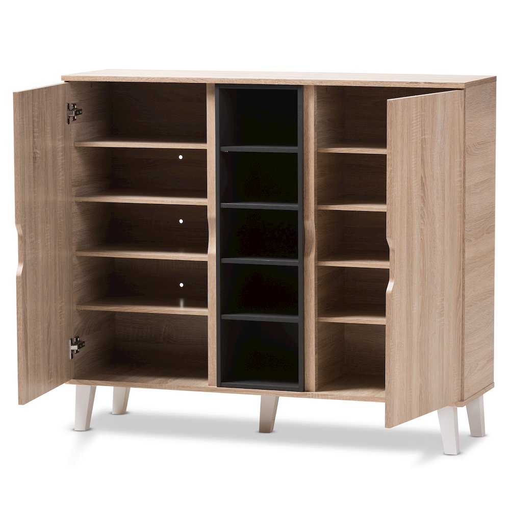 Adelina Mid-Century Modern 2-door Oak and Grey Wood Shoe Cabinet. Picture 2