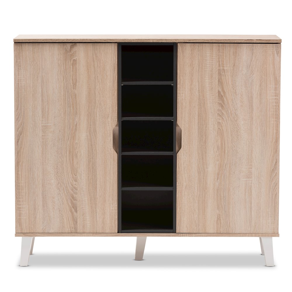 Adelina Mid-Century Modern 2-door Oak and Grey Wood Shoe Cabinet. Picture 3