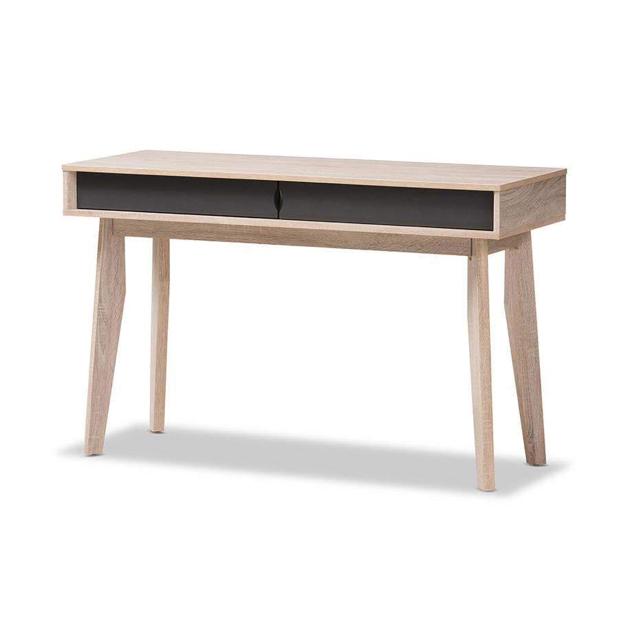Baxton Studio Fella Mid-Century Modern 2-Drawer Oak and Grey Wood Study Desk. Picture 1
