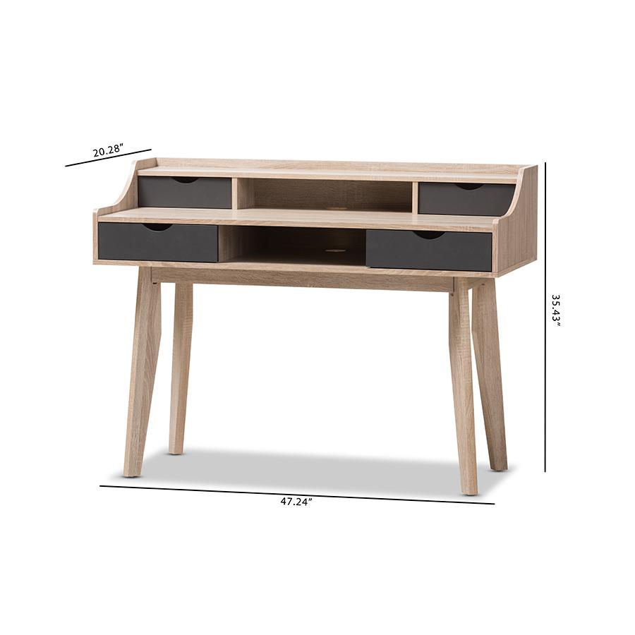 Baxton Studio Fella Mid-Century Modern 4-Drawer Oak and Grey Wood Study Desk. Picture 8