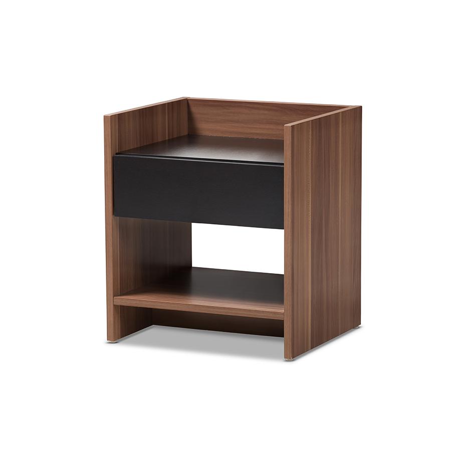 Vanda Modern and Contemporary Two-Tone Walnut and Black Wood 1-Drawer Nightstand. Picture 1