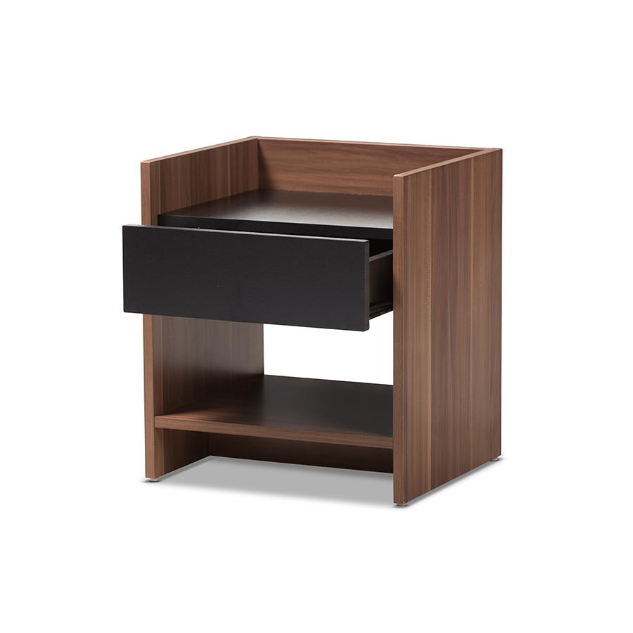 Vanda Modern and Contemporary Two-Tone Walnut and Black Wood 1-Drawer Nightstand. Picture 2