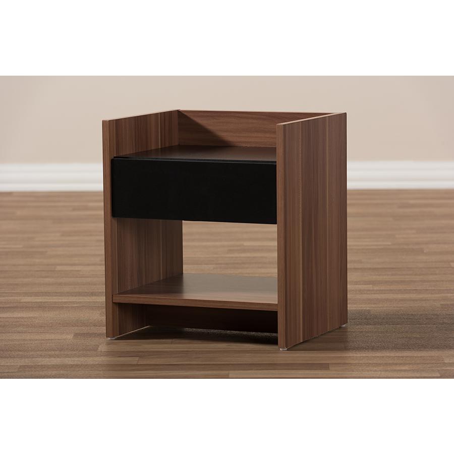 Vanda Modern and Contemporary Two-Tone Walnut and Black Wood 1-Drawer Nightstand. Picture 6