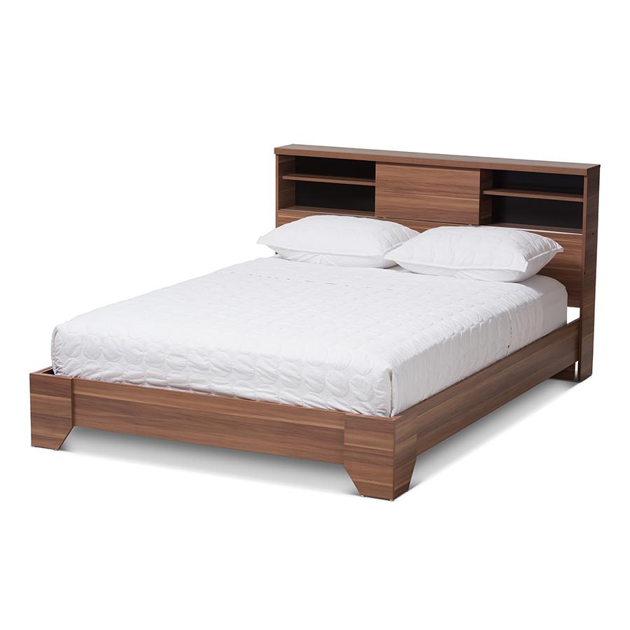 Vanda Modern and Contemporary Two-Tone Walnut and Black Wood Queen Size Platform Bed. The main picture.