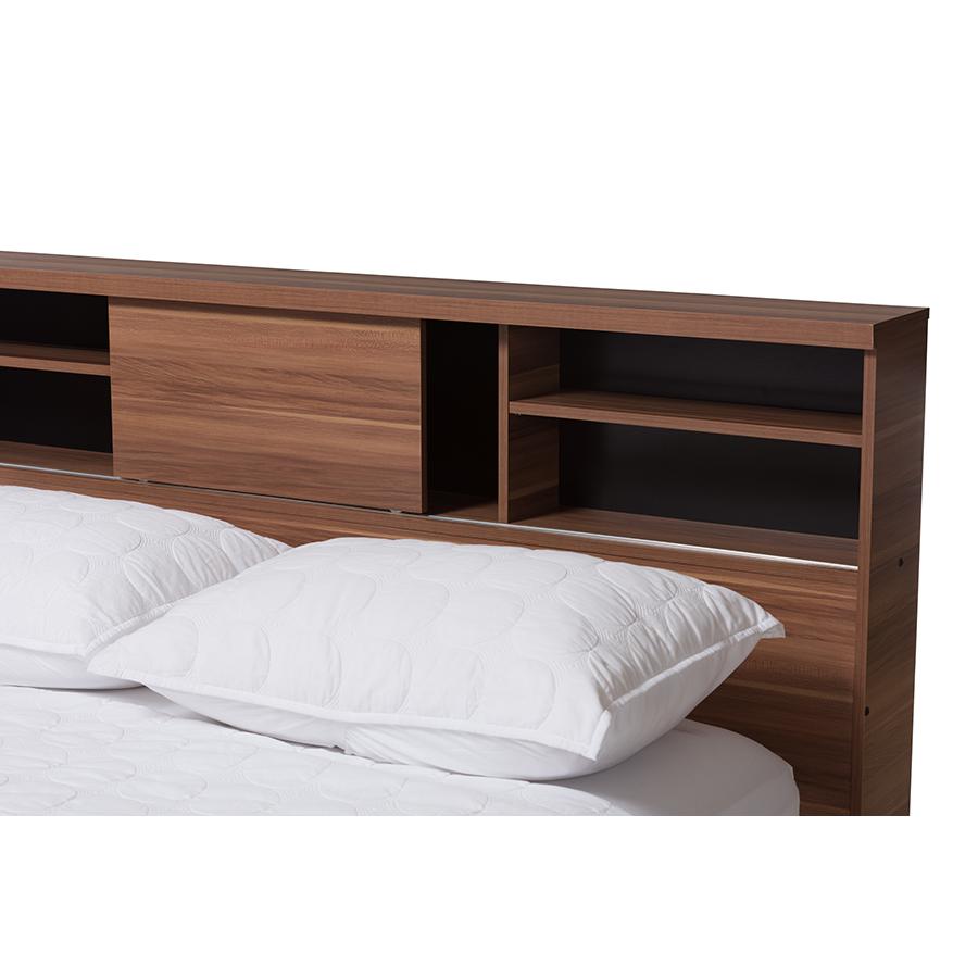 Vanda Modern and Contemporary Two-Tone Walnut and Black Wood Queen Size Platform Bed. Picture 4
