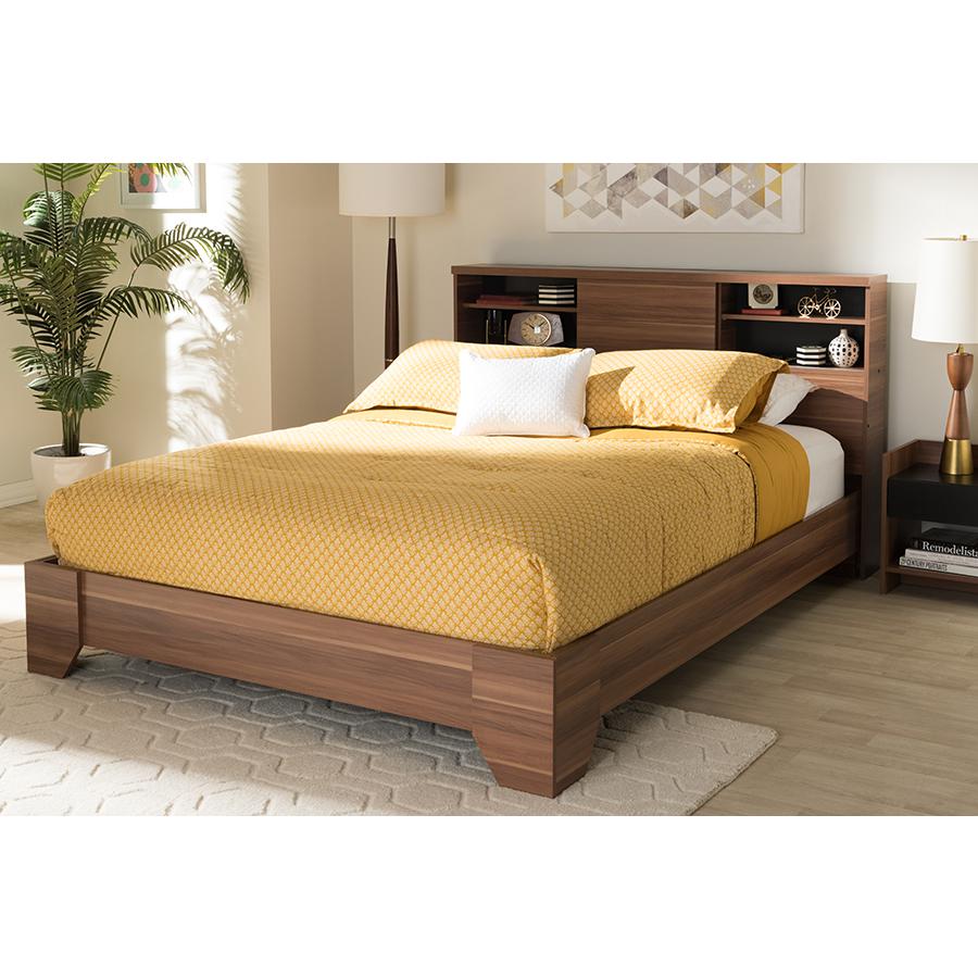 Vanda Modern and Contemporary Two-Tone Walnut and Black Wood Queen Size Platform Bed. Picture 6