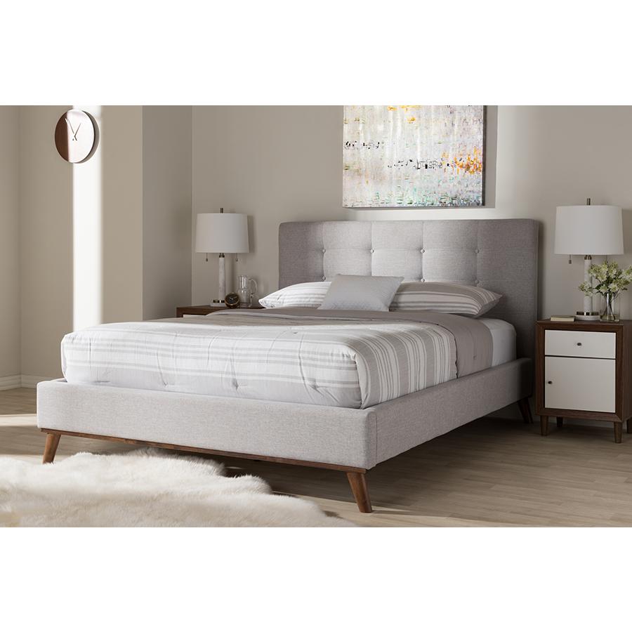 Valencia Mid-Century Modern Greyish Beige Fabric Queen Size Platform Bed. Picture 2