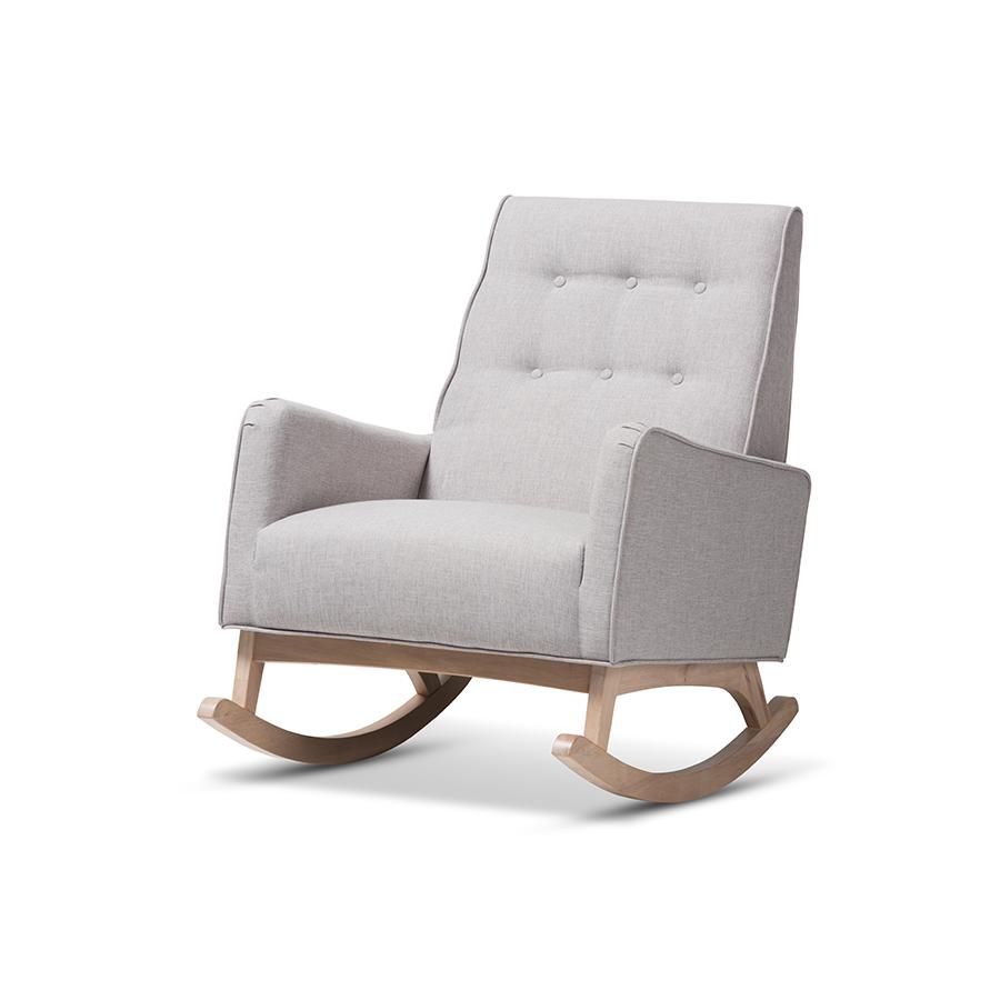 Marlena Mid-Century Modern Greyish Beige Fabric Upholstered Whitewash Wood Rocking Chair. Picture 1