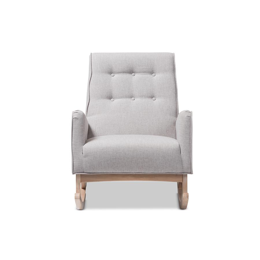 Marlena Mid-Century Modern Greyish Beige Fabric Upholstered Whitewash Wood Rocking Chair. Picture 3