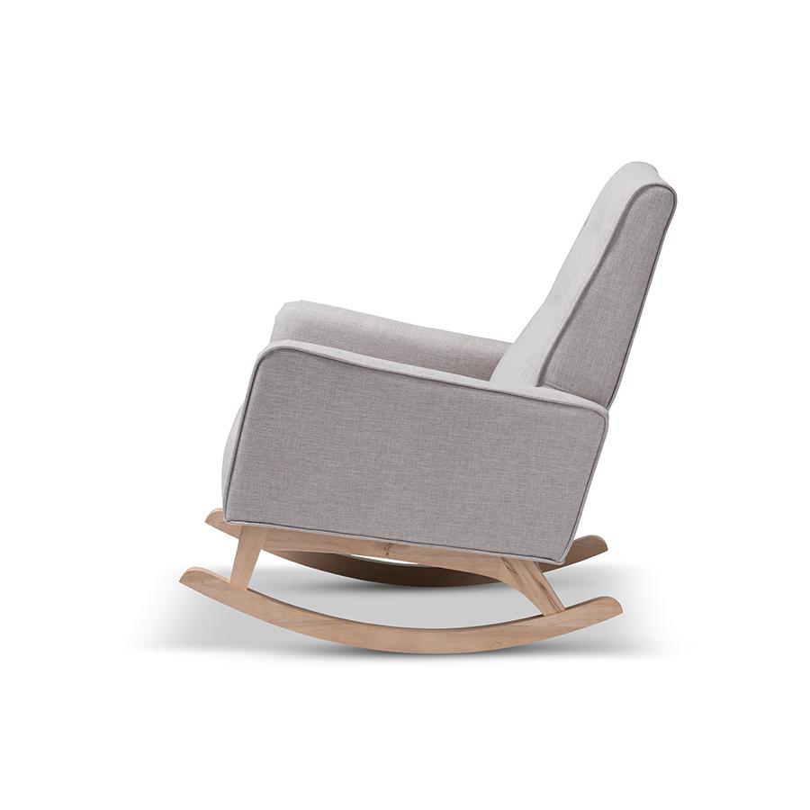 Marlena Mid-Century Modern Greyish Beige Fabric Upholstered Whitewash Wood Rocking Chair. Picture 4