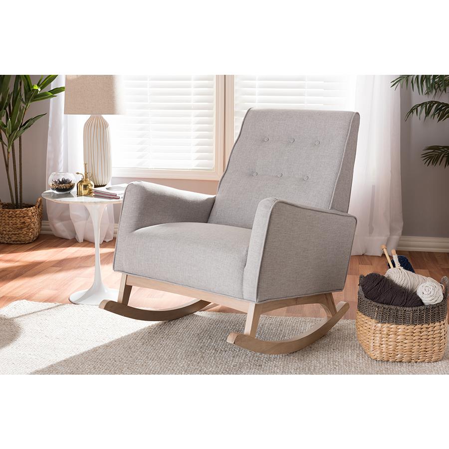 Marlena Mid-Century Modern Greyish Beige Fabric Upholstered Whitewash Wood Rocking Chair. Picture 2