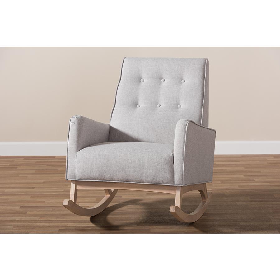 Marlena Mid-Century Modern Greyish Beige Fabric Upholstered Whitewash Wood Rocking Chair. Picture 9