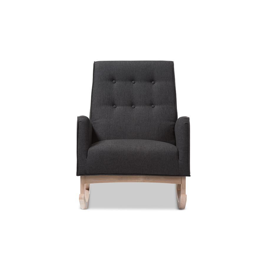 Dark Grey Fabric Upholstered Whitewash Wood Rocking Chair. Picture 2