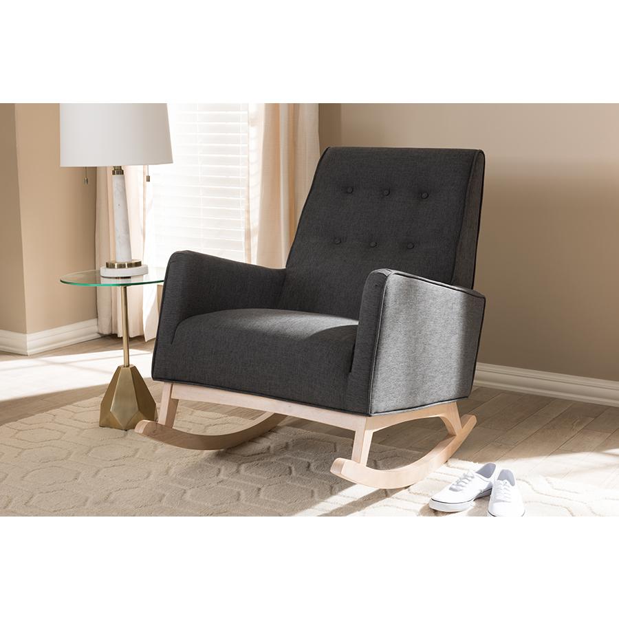 Dark Grey Fabric Upholstered Whitewash Wood Rocking Chair. Picture 7