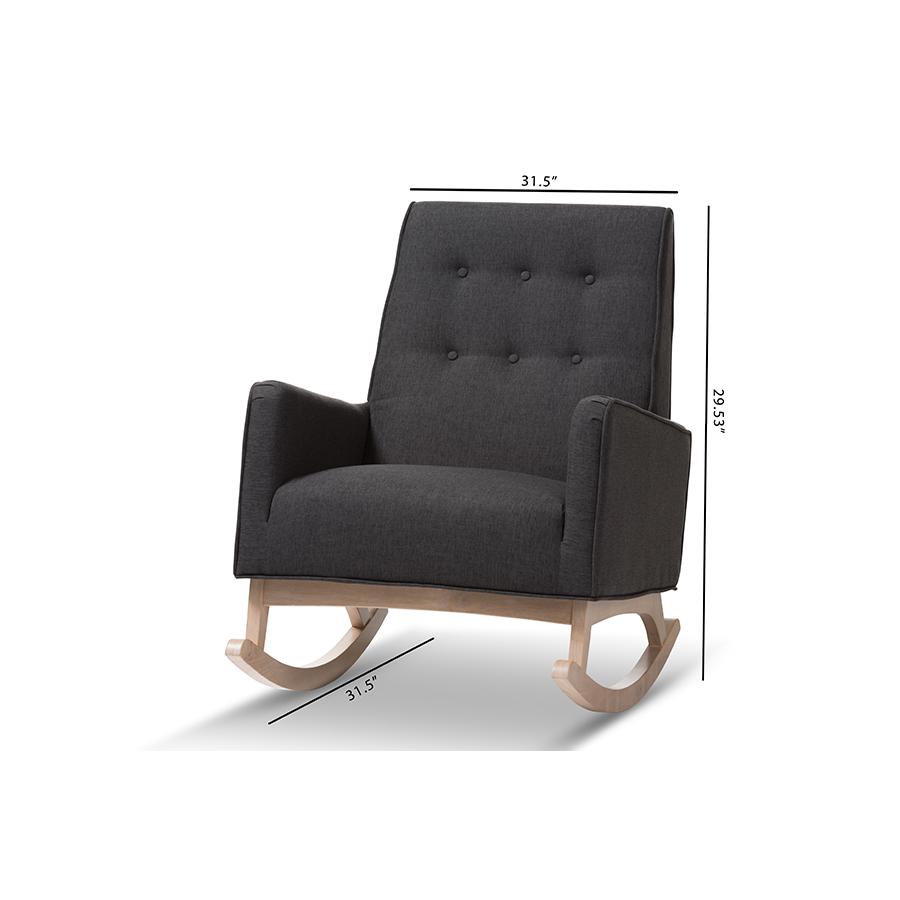 Marlena Mid-Century Modern Dark Grey Fabric Upholstered Whitewash Wood Rocking Chair. Picture 10