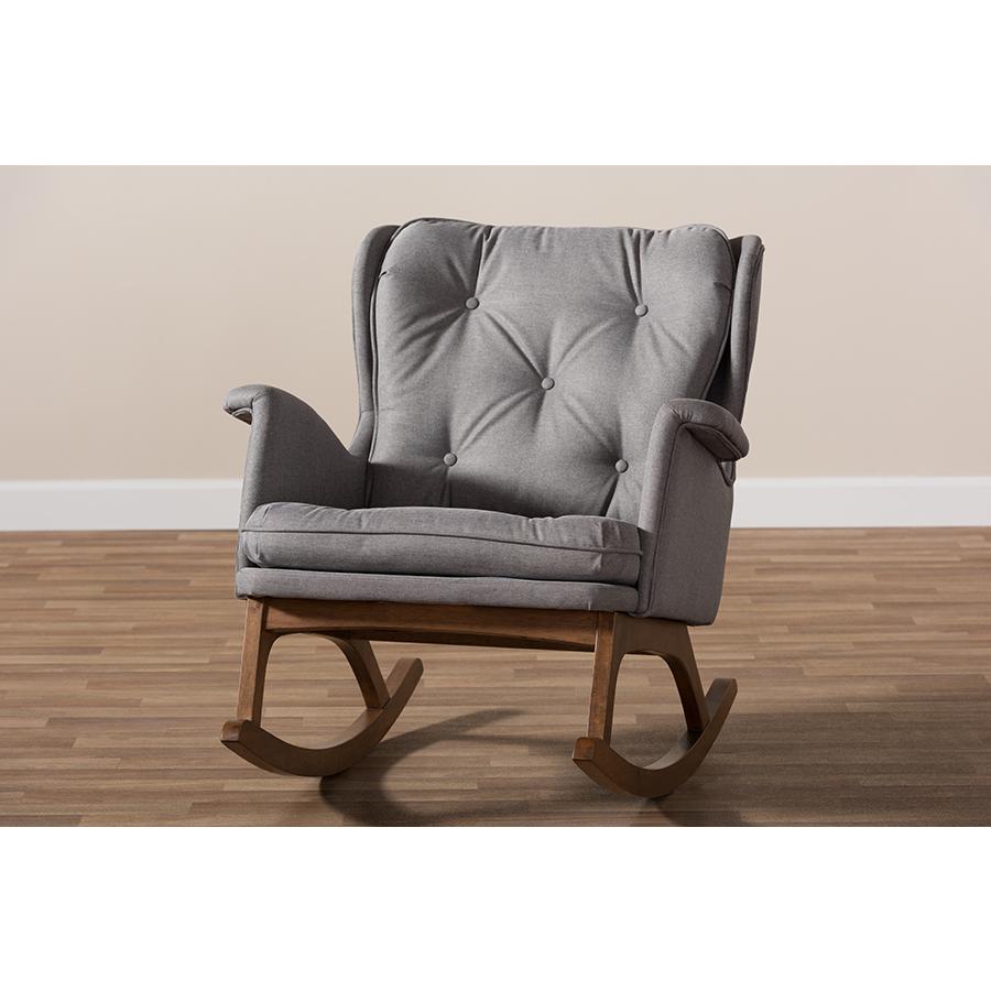 Maggie Mid-Century Modern Grey Fabric Upholstered Walnut-Finished Rocking Chair. Picture 8