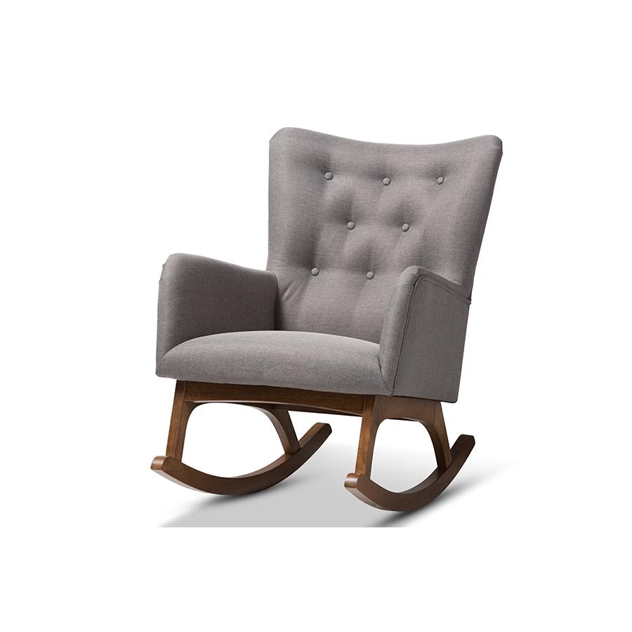 Baxton Studio Waldmann Mid-Century Modern Grey Fabric Upholstered Rocking Chair. Picture 1