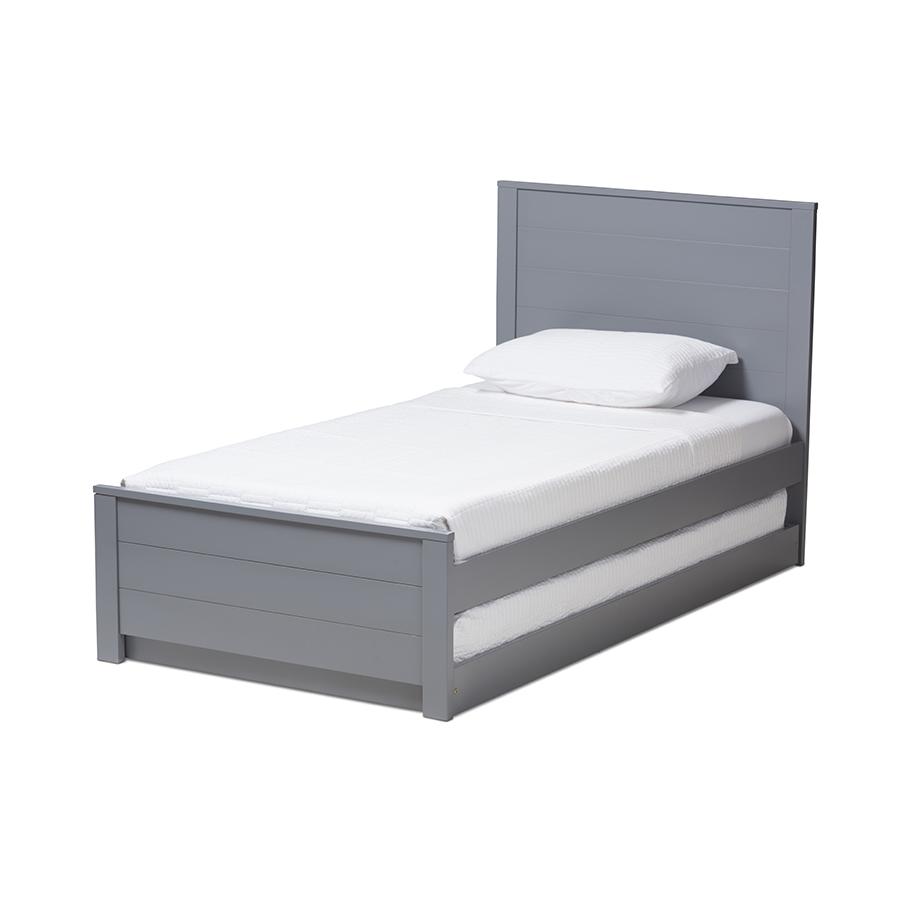 Classic Mission Style Grey-Finished Wood Twin Platform Bed with Trundle. Picture 1