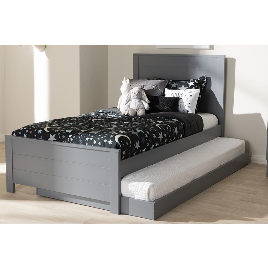 Classic Mission Style Grey-Finished Wood Twin Platform Bed with Trundle. Picture 11