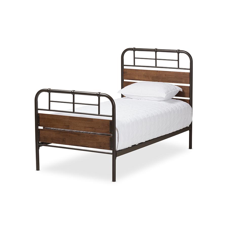 Industrial Black Bronze Finished Metal Coco Brown Wood Twin Size Platform Bed. Picture 1