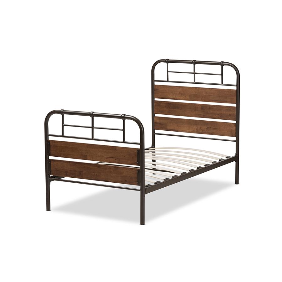 Industrial Black Bronze Finished Metal Coco Brown Wood Twin Size Platform Bed. Picture 3